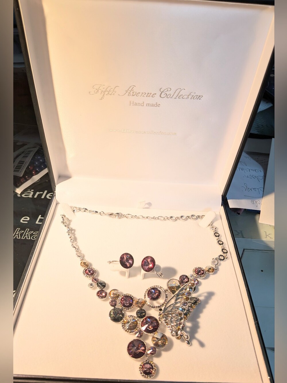 Fifth Avenue Collection Purple Crystal Butterfly Necklace and Earrings Set